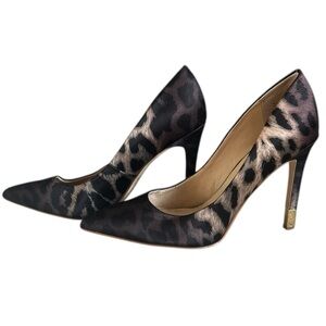 Guess Dark Satin Leopard Ombré Pattern Women’s Stilettos with Gold Tip Heels